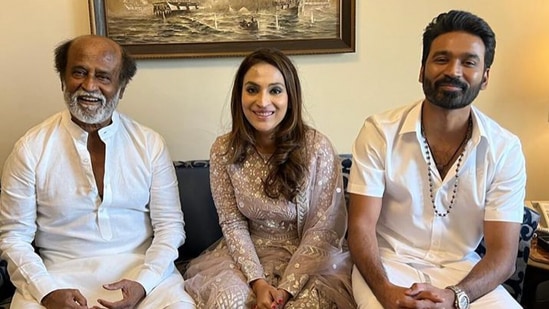 Rajinikanth with his daughter Aishwaryaa and son-in-law Dhanush.