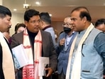 Assam chief minister Himanta Biswa Sarma interacts with Meghalaya chief minister Conrad Sangma in Guwahati. Assam chief minister Himanta Biswa Sarma interacts with Meghalaya chief minister Conrad Sangma in Guwahati.