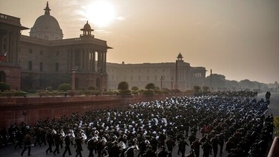 Indian military bands march during rehearsals for the upcoming Beating Retreat ceremony at Raisina hill in New Delhi. (AP) Indian military bands march during rehearsals for the upcoming Beating Retreat ceremony at Raisina hill in New Delhi. (AP)