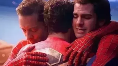 Tobey Maguire, Tom Holland and Andrew Garfield in a scene from Spider-Man: No Way Home. Tobey Maguire, Tom Holland and Andrew Garfield in a scene from Spider-Man: No Way Home.
