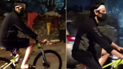 Kartik Aaryan spotted riding his bicycle.