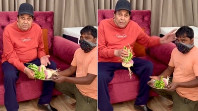 Dharmendra shows his farm-grown turnips.