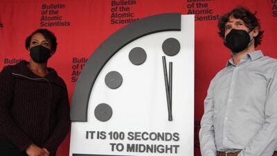 The “Doomsday Clock”, which represents the judgment of leading science and security experts about perils to human existence, will remain at 100 seconds to midnight, the Bulletin of the Atomic Scientists said (Twitter/BulletinAtomic) The “Doomsday Clock”, which represents the judgment of leading science and security experts about perils to human existence, will remain at 100 seconds to midnight, the Bulletin of the Atomic Scientists said (Twitter/BulletinAtomic)