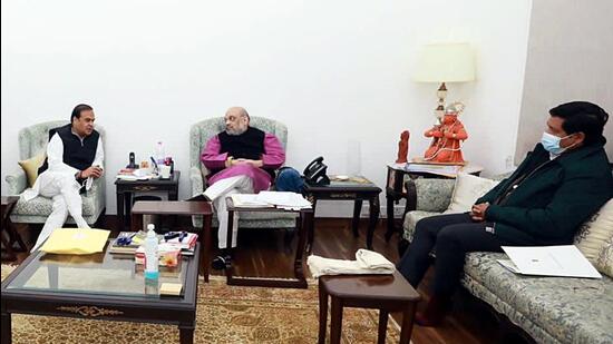 Union home minister Amit Shah holds a meeting with Assam chief minister Himanta Biswa Sarma and Meghalaya chief minister Conrad Sangma on Assam- Meghalaya Border dispute issue, in New Delhi on Thursday. (ANI)