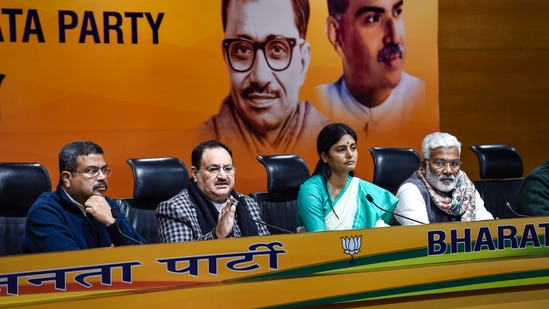 BJP president JP Nadda with UP BJP in-charge Dharmendra Patel, Apna Dal leader Anupriya Patel, and UP BJP chief Swatantra Dev Singh at a press conference in New Delhi on Wednesday, Jan. 19, 2022.&nbsp;(PTI / Kamal Singh)