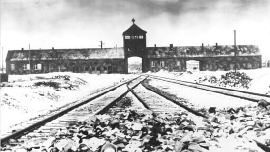 This February/March 1945 file photo shows the entry to the concentration camp Auschwitz-Birkenau in Poland, with snow-covered rail tracks leading to the camp.&nbsp;(AP)