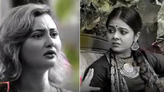 Rashami Desai and Devoleena Bhattacharjee fight during a task.