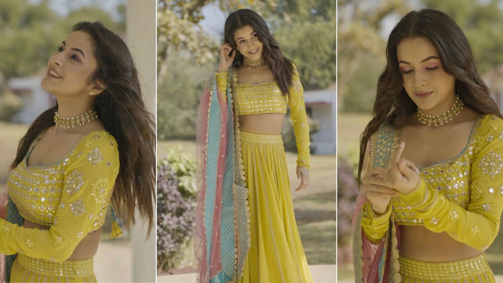 Photo of A bride poses in powder blue lehenga