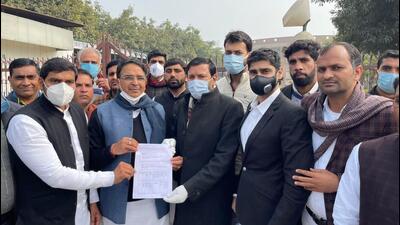 The SP-RLD alliance candidate from Jewar, Avtar Singh Bhadana (third from left), completed his nomination filing process at the election office in Greater Noida’s Surajpur on Friday. (Sourced)