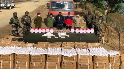 The recovered items comprise 2,500 kilograms of explosives and 4,500 metres of detonators, Indian currency amounting to ₹73,500, Myanmar currency of Kyat 9,35,000 and a vehicle (with registration number MZ 07 7936), according to an Assam Rifles official. (HT PHOTO.) The recovered items comprise 2,500 kilograms of explosives and 4,500 metres of detonators, Indian currency amounting to ₹73,500, Myanmar currency of Kyat 9,35,000 and a vehicle (with registration number MZ 07 7936), according to an Assam Rifles official. (HT PHOTO.)