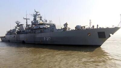 German Navy's frigate Bayern 'F217' arrives in Mumbai on Friday. The Bayern, a 3,600-tonne F123 Brandenburg-class frigate, will dock in Mumbai for a day and conduct a passing exercise with the Indian Navy before sailing home. (ANI PHOTO.) German Navy's frigate Bayern 'F217' arrives in Mumbai on Friday. The Bayern, a 3,600-tonne F123 Brandenburg-class frigate, will dock in Mumbai for a day and conduct a passing exercise with the Indian Navy before sailing home. (ANI PHOTO.)