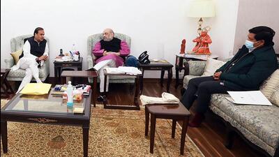 Union Home Minister Amit Shah meets Assam Chief Minister Himanta Biswa Sarma and Meghalaya Chief Minister Conrad K Sangma on the Assam-Meghalaya border dispute issue in New Delhi on Thursday. (ANI PHOTO.)