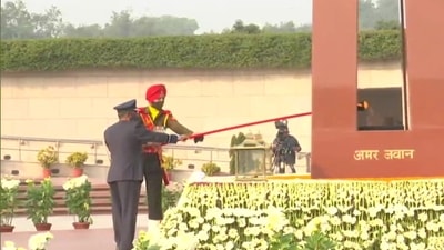 In a historic moment, the flame of the Amar Jawan Jyoti at India Gate was merged with the flame at National War Memorial on Friday. (Screenshot from footage) In a historic moment, the flame of the Amar Jawan Jyoti at India Gate was merged with the flame at National War Memorial on Friday. (Screenshot from footage)