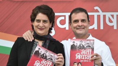 Priyanka Gandhi and Rahul Gandhi launch the Youth Manifesto on Friday in New Delhi. (PTI) Priyanka Gandhi and Rahul Gandhi launch the Youth Manifesto on Friday in New Delhi. (PTI)