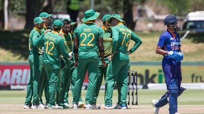 South Africa celebrates the wicket of Shreyas Iyer, during the second ODI match between South Africa and India in Paarl, South Africa, Friday, Jan. 21, 2022. (AP Photo/Halden Krog) (AP) South Africa celebrates the wicket of Shreyas Iyer, during the second ODI match between South Africa and India in Paarl, South Africa, Friday, Jan. 21, 2022. (AP Photo/Halden Krog) (AP)