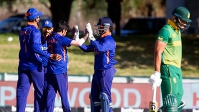 India celebrates the wicket of Temba Bavuma during the second ODI match between South Africa and India in Paarl, South Africa, Friday, Jan. 21, 2022. (AP Photo/Halden Krog) (AP) India celebrates the wicket of Temba Bavuma during the second ODI match between South Africa and India in Paarl, South Africa, Friday, Jan. 21, 2022. (AP Photo/Halden Krog) (AP)