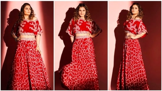 Raveena Tandon's wardrobe comprises of a lot of traditional outfits with a contemporary touch. In her recent Instagram stills, the actor can be seen setting some major ethnic goals in a red embellished blouse and long skirt set.(Instagram/@raveenatandon)