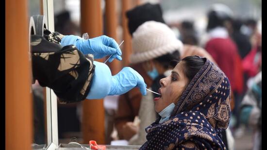 A woman gives her sample for Covid test at Dr Ram Manohar Lohia Hospital in Lucknow. (Deepak Gupta/HT Photo)