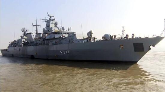 German Navy's frigate Bayern 'F217' arrives in Mumbai on Friday. The Bayern, a 3,600-tonne F123 Brandenburg-class frigate, will dock in Mumbai for a day and conduct a passing exercise with the Indian Navy before sailing home. (ANI PHOTO.)