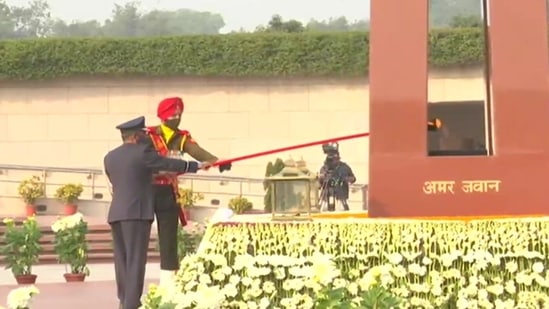 In a historic moment, the flame of the Amar Jawan Jyoti at India Gate was merged with the flame at National War Memorial on Friday.&nbsp;(Screenshot from footage)