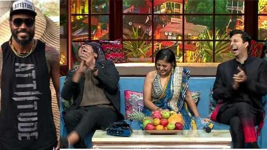 Salim-Sulaiman and Sunidhi Chauhan laughing at a joke about Chris Gayle's skin colour on The Kapil Sharma Show.