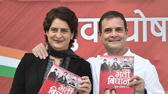 Priyanka Gandhi and Rahul Gandhi launch the Youth Manifesto on Friday in New Delhi.&nbsp;(PTI)