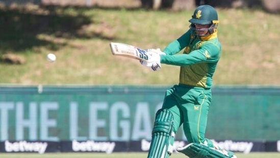 South African batsman Quinton De Kock in actions during the second ODI match between South Africa and India in Paarl, South Africa, Friday, Jan. 21, 2022. (AP Photo/Halden Krog)(AP)