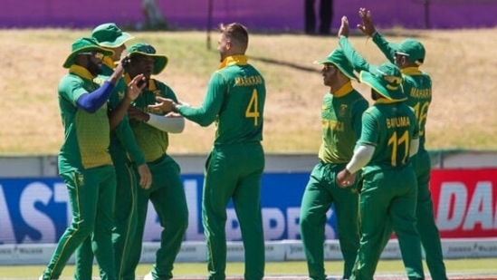 South Africa celebrates the wicket of Shikhar Dhawan during the second ODI match between South Africa and India in Paarl, South Africa, Friday, Jan. 21, 2022. (AP Photo/Halden Krog)(AP)