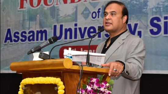 Assam chief minister Himanta Biswa Sarma showered praises on PM Narendra Modi in his address to students of Assam University in Silchar at an event to mark its 29th foundation day. (HT Photo) Assam chief minister Himanta Biswa Sarma showered praises on PM Narendra Modi in his address to students of Assam University in Silchar at an event to mark its 29th foundation day. (HT Photo)