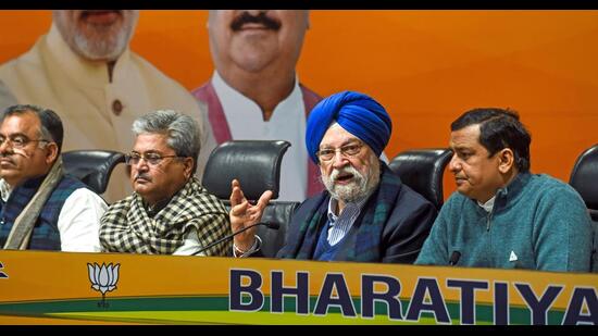 Union minister Hardeep Singh Puri with Punjab BJP in-charge Dushyant Gautam released the party’s first list of candidates for the upcoming assembly elections, in New Delhi on Friday. (ANI)