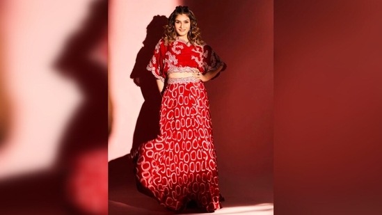 Raveena Tandon picked her stunning set from the shelves of the clothing line Nupur Kanoi which is known for its modern fusion wears.(Instagram/@raveenatandon)