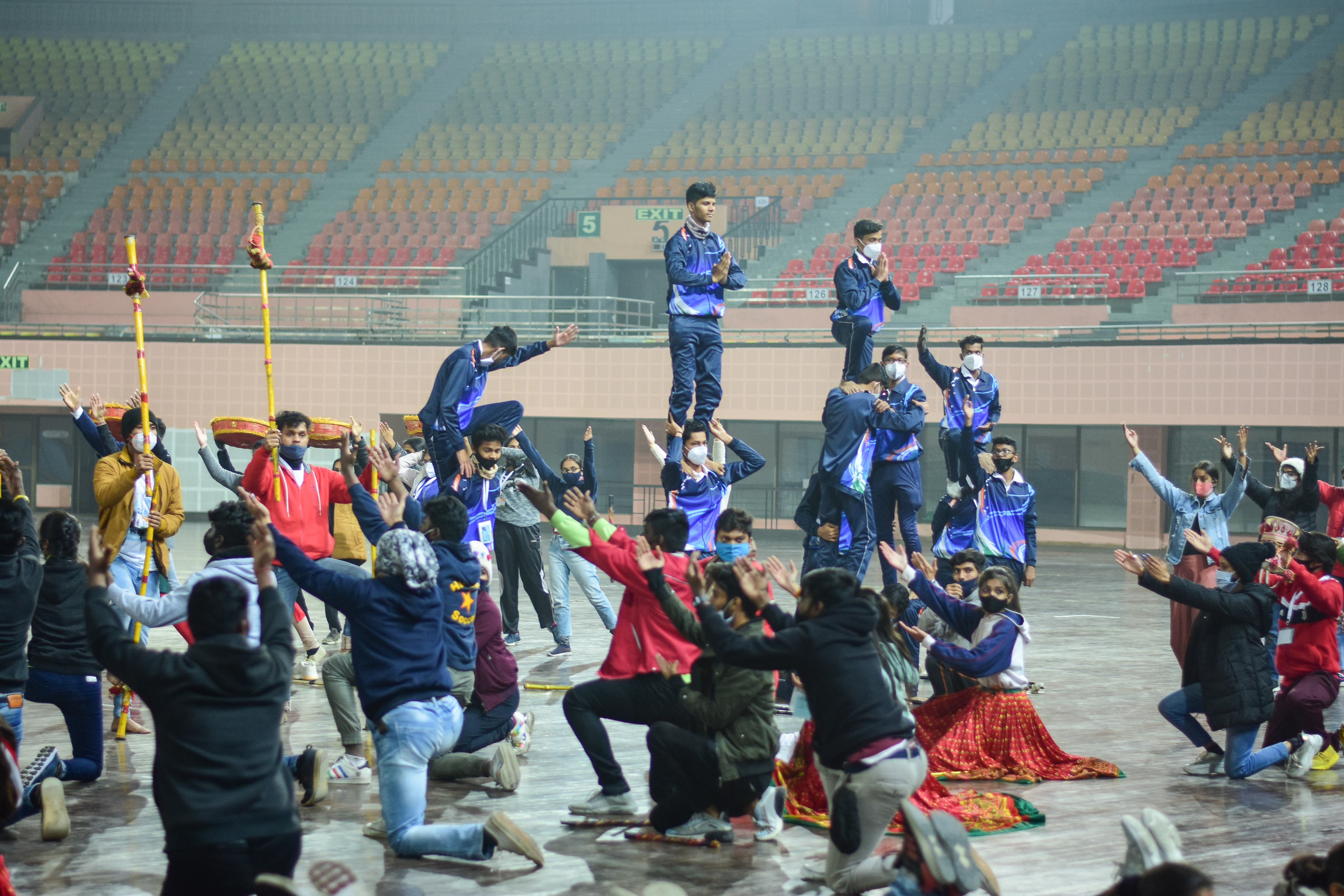 Various formations and different dance genres will be part of the recital that is being rehearsed at Indira Gandhi Stadium. (Photo: Manish Rajput/HT) Various formations and different dance genres will be part of the recital that is being rehearsed at Indira Gandhi Stadium. (Photo: Manish Rajput/HT)