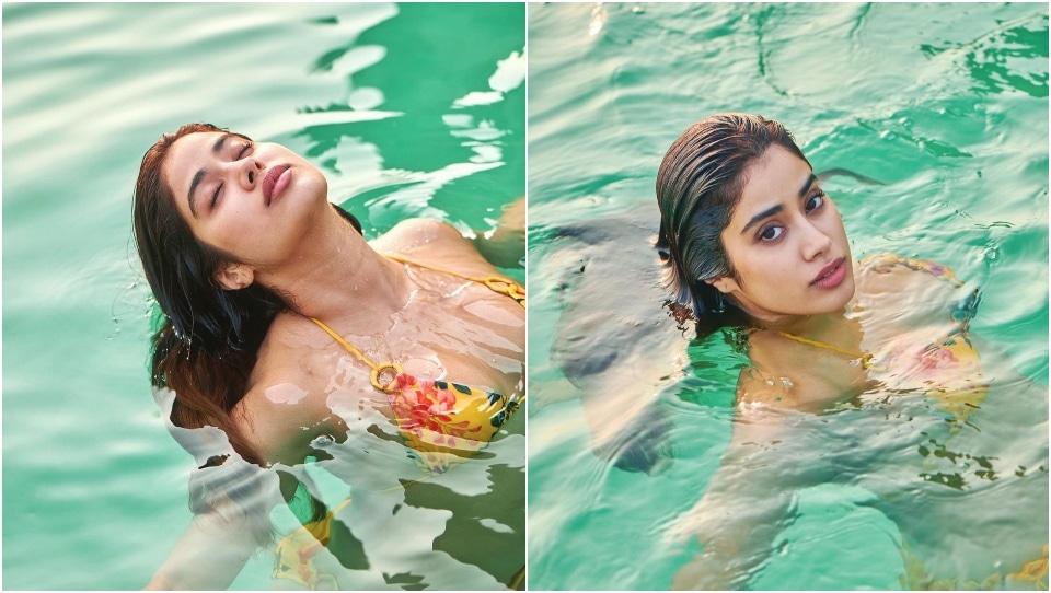 Janhvi Kapoor in a tropical print bikini.&nbsp;