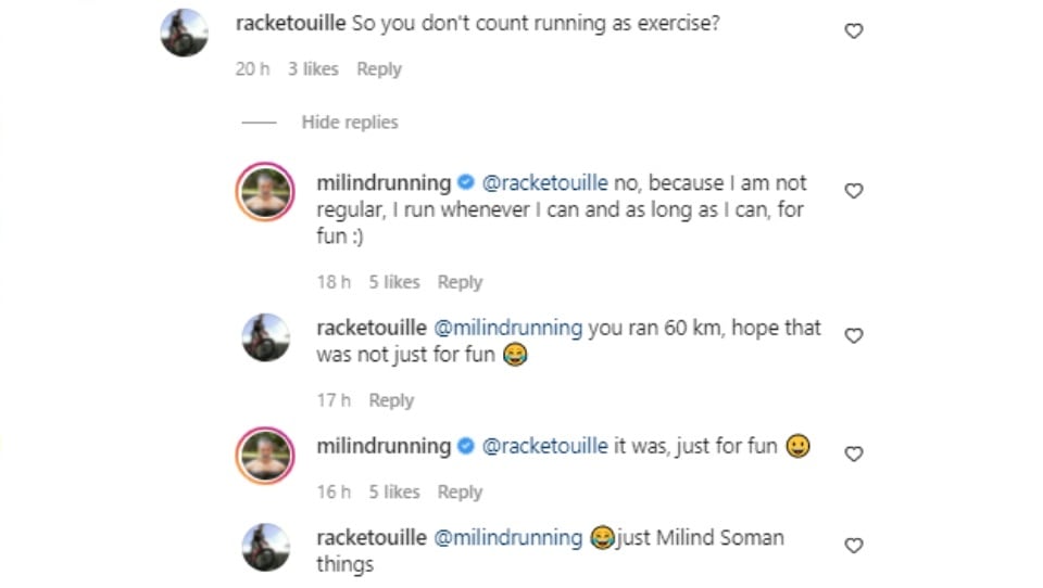 Milind Soman's interaction with a follower. Milind Soman's interaction with a follower. 