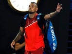 Nick Kyrgios of Australia gestures as he walks from Rod Laver Arena following his second round loss to Daniil Medvedev of Russia at the Australian Open tennis championships in Melbourne, Australia, Thursday. Nick Kyrgios of Australia gestures as he walks from Rod Laver Arena following his second round loss to Daniil Medvedev of Russia at the Australian Open tennis championships in Melbourne, Australia, Thursday.