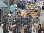 Indian Army personnel march during rehearsals for Republic Day parade, at Ridge in Shimla.