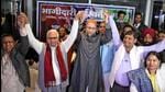 AIMIM chief Asaduddin Owaisi along with Bhagidari Parivartan Morcha leader Babu Singh Kushwaha and others raises hands after forging an alliance during a press conference in Lucknow on Saturday. (ANI Photo) AIMIM chief Asaduddin Owaisi along with Bhagidari Parivartan Morcha leader Babu Singh Kushwaha and others raises hands after forging an alliance during a press conference in Lucknow on Saturday. (ANI Photo)