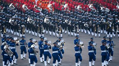 Marching bands from armed forces perform during the Beating the Retreat ceremony in New Delhi on January 29, 2021. (AFP) Marching bands from armed forces perform during the Beating the Retreat ceremony in New Delhi on January 29, 2021. (AFP)
