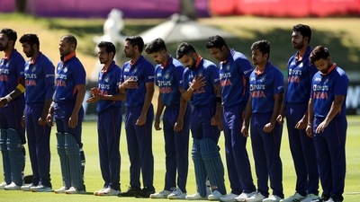 India players line up during the national anthems before the match (REUTERS)