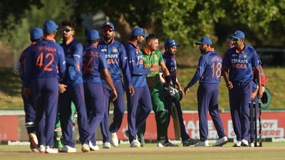 India players congratulate South Africa's Aiden Markram and Rassie van der Dussen after South Africa win the match (REUTERS)