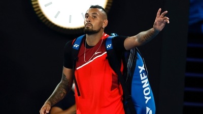 Nick Kyrgios of Australia gestures as he walks from Rod Laver Arena following his second round loss to Daniil Medvedev of Russia at the Australian Open tennis championships in Melbourne, Australia, Thursday. (AP) Nick Kyrgios of Australia gestures as he walks from Rod Laver Arena following his second round loss to Daniil Medvedev of Russia at the Australian Open tennis championships in Melbourne, Australia, Thursday. (AP)