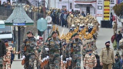 Indian Army personnel march during rehearsals for Republic Day parade, at Ridge in Shimla. (PTI) Indian Army personnel march during rehearsals for Republic Day parade, at Ridge in Shimla. (PTI)