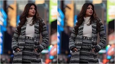 Harnaaz's ensemble features a taupe coloured turtleneck sweater with an exaggerated neckline and a bodycon fit. She teamed the woollen top with a black and white knit mini skirt. The knitted details came in an Aztec print, and the beauty queen cinched it on the waist with a matching fabric belt. (Instagram/@missuniverse) Harnaaz's ensemble features a taupe coloured turtleneck sweater with an exaggerated neckline and a bodycon fit. She teamed the woollen top with a black and white knit mini skirt. The knitted details came in an Aztec print, and the beauty queen cinched it on the waist with a matching fabric belt. (Instagram/@missuniverse)