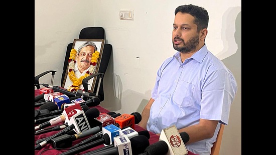 Utpal Parrikar, son of former Goa Chief Minister Manohar Parrikar addressed a press conference, in Panaji on Friday. (ANI) Utpal Parrikar, son of former Goa Chief Minister Manohar Parrikar addressed a press conference, in Panaji on Friday. (ANI)