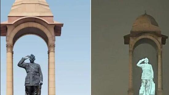 An illustration of Netaji Subhas Chandra Bose’s statue to be installed at India Gate (left). The hologram bust which will be present at the same place till the grand statue is completed (Right)