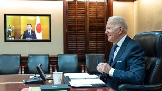 President Joe Biden meets virtually from the Situation Room at the White House with Japanese Prime Minister Fumio Kishida. (AP)