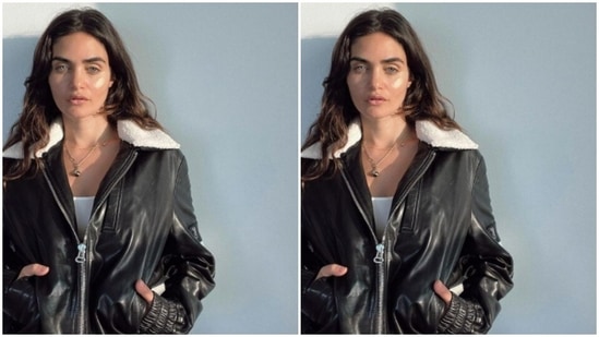 Gabriella played muse to the fashion designer house The Misnomer and picked a sassy black leather jacket.(Instagram/@gabriellademetriades)