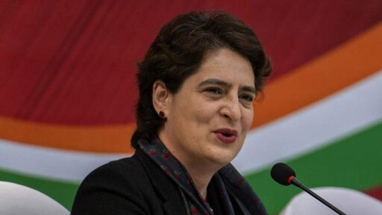 UP election 2022: Congress general secretary Priyanka Gandhi Vadra at the release of her party’s youth manifesto in New Delhi on Friday. (AP PHOTO) UP election 2022: Congress general secretary Priyanka Gandhi Vadra at the release of her party’s youth manifesto in New Delhi on Friday. (AP PHOTO)