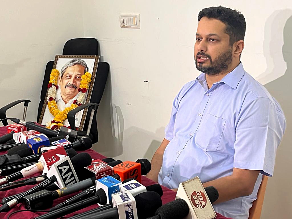 File photo of Utpal Parrikar, son of former Goa chief minister Manohar Parrikar, addressing a press conference in Panaji. (ANI) File photo of Utpal Parrikar, son of former Goa chief minister Manohar Parrikar, addressing a press conference in Panaji. (ANI)