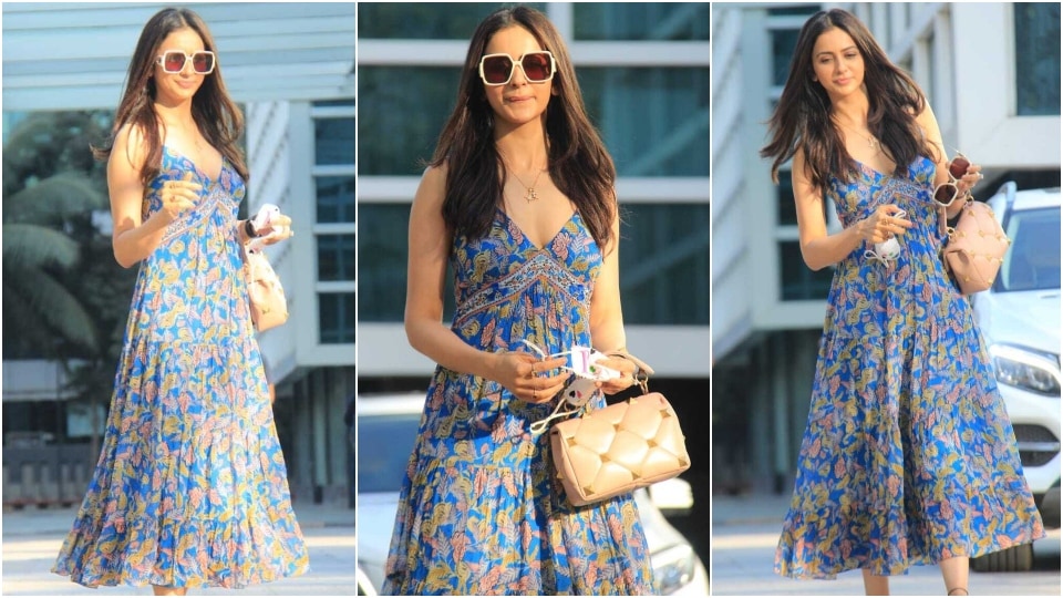 Rakul's spaghetti dress features a plunging V neckline.&nbsp; (HT Photo/Varinder Chawla)
